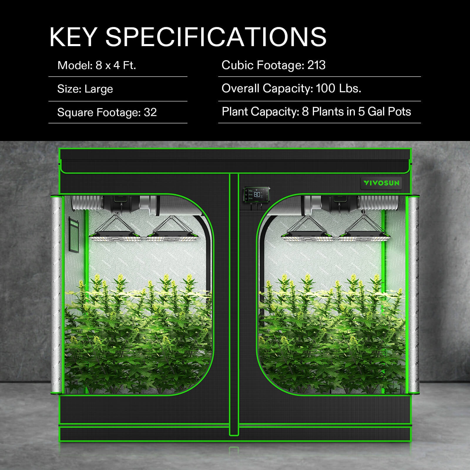 VIVOSUN GIY 8 x 4 ft. Complete Grow Kit with 2x VS4000 LED Grow Light, 96" x 48" x 80"