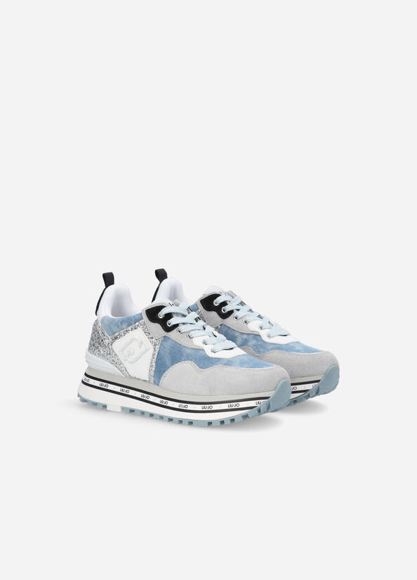 Sneakers platform in denim e glitter