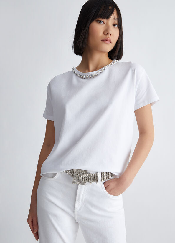 T-shirt con perle e strass