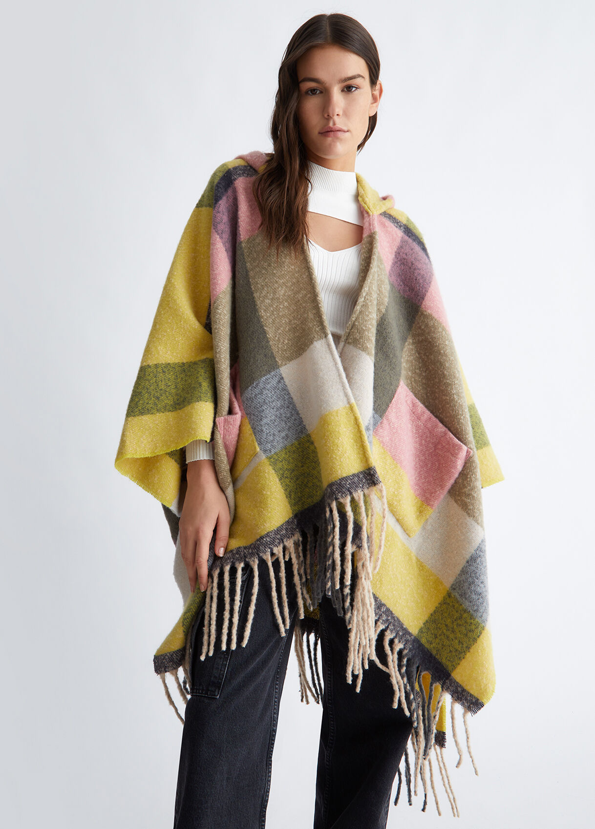 Multicolour check poncho