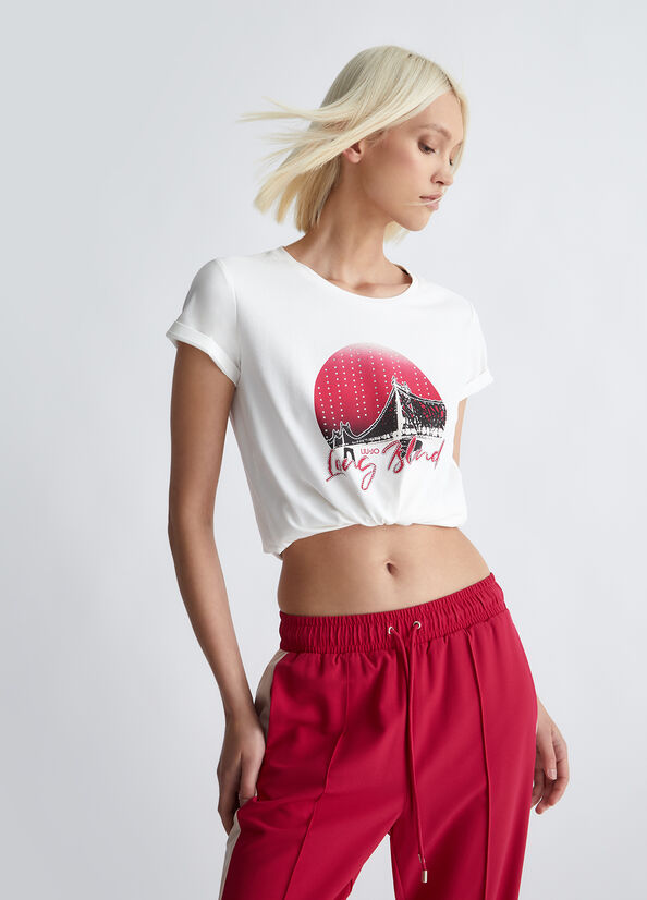 T-shirt con stampa e strass