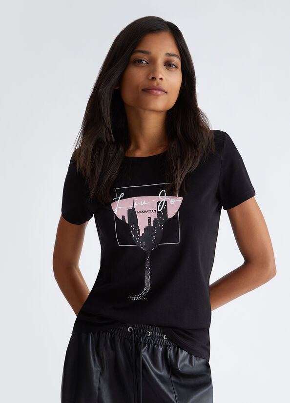 T-shirt con stampa e strass