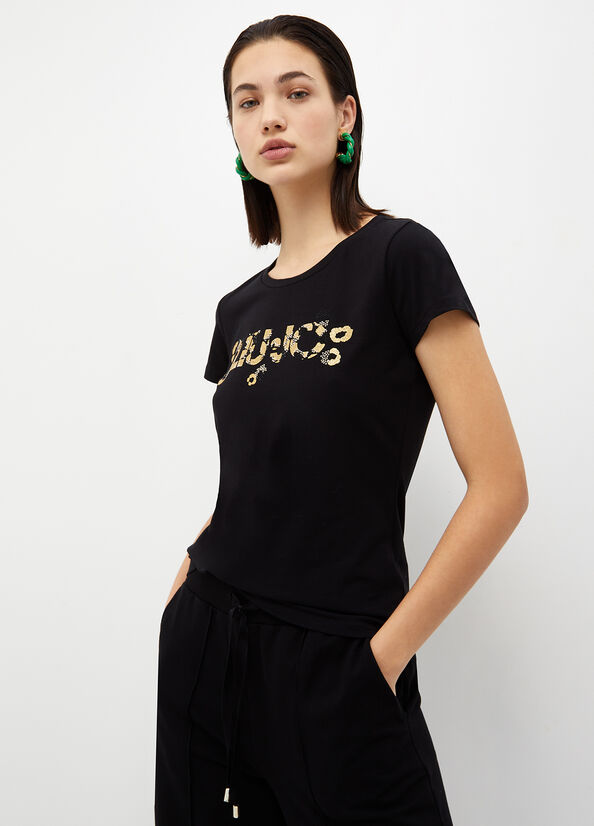 T-shirt con logo e strass