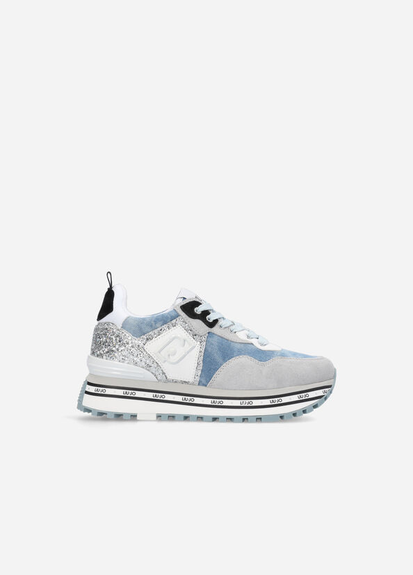 Sneakers platform in denim e glitter