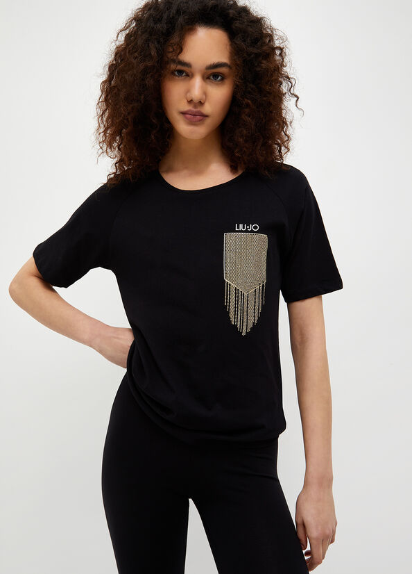 T-shirt nera ecosostenibile con strass