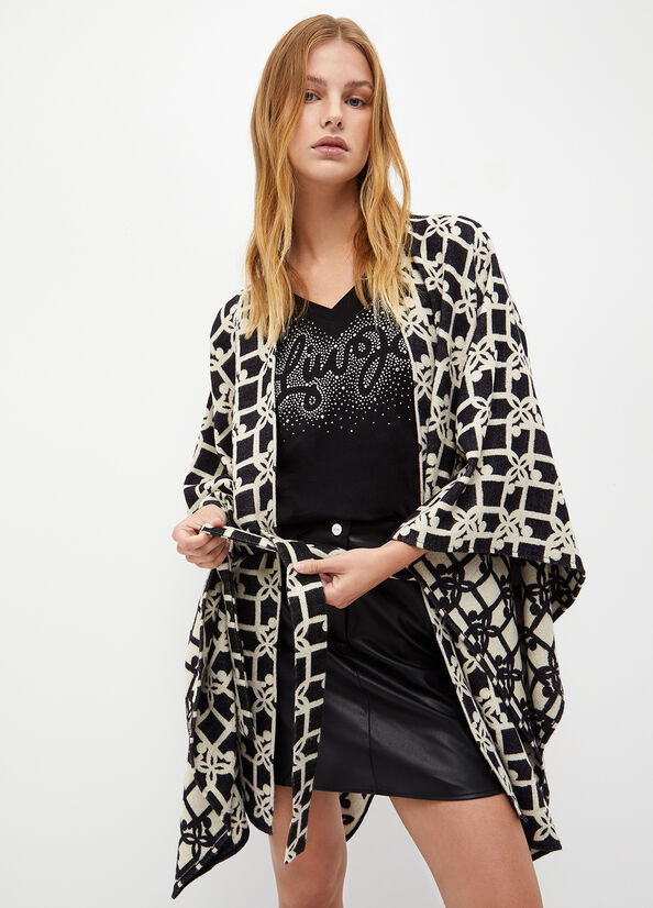 Poncho con logo jacquard e cintura