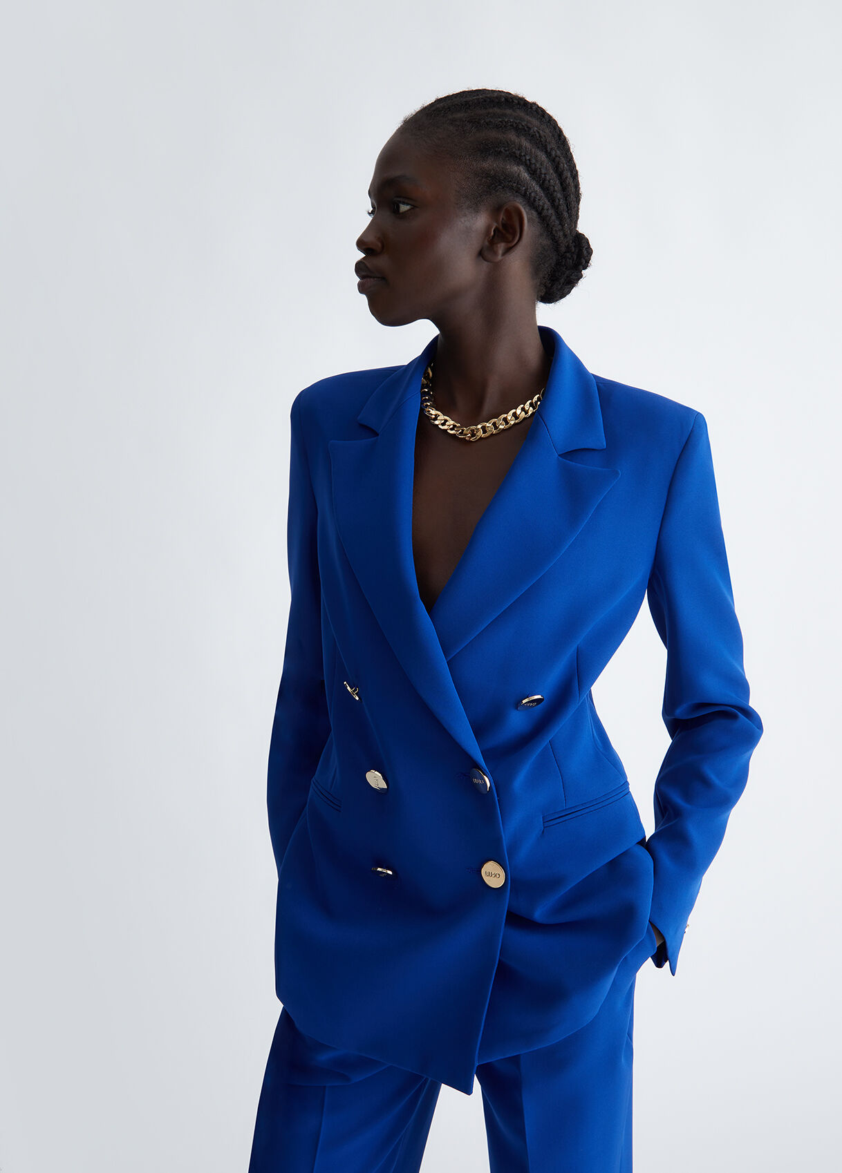 Double-breasted blue blazer
