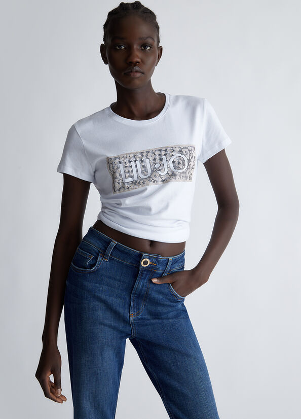 T-shirt con logo e strass