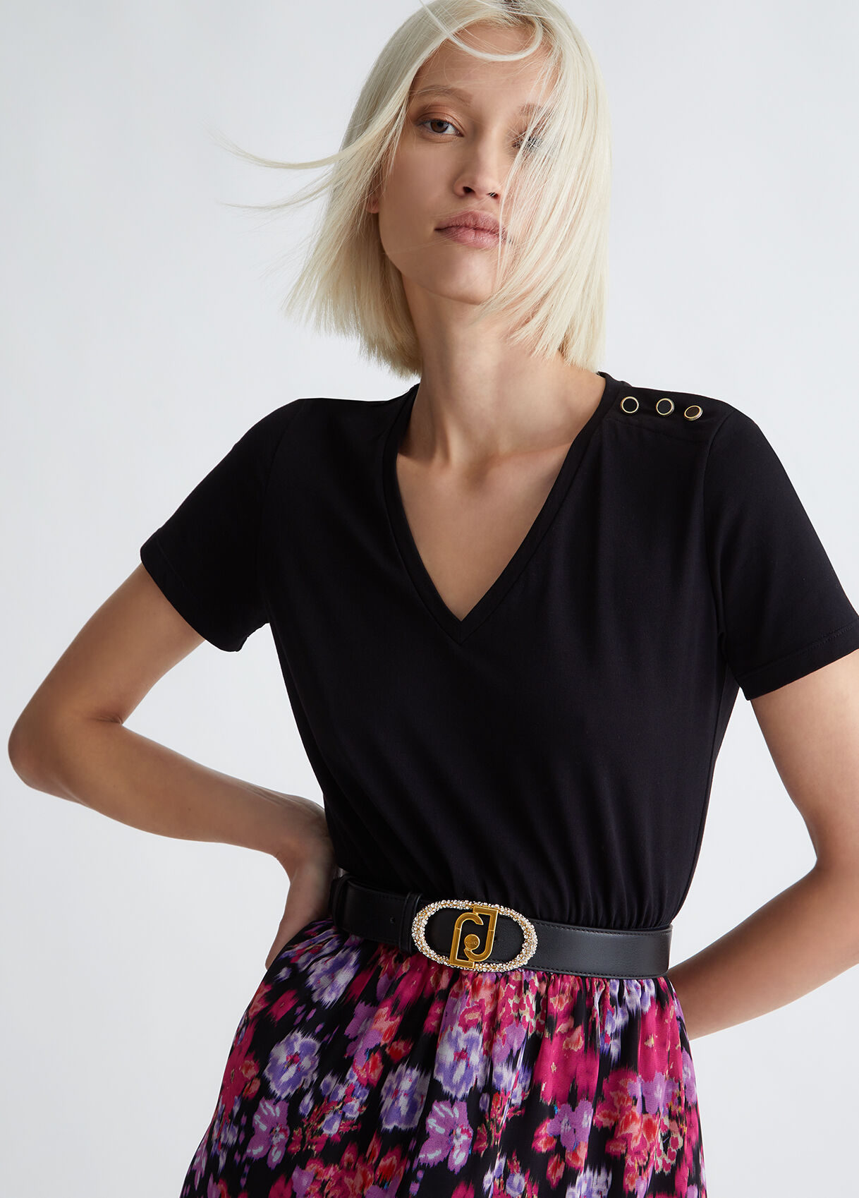 Belt with logo buckle and gemstones