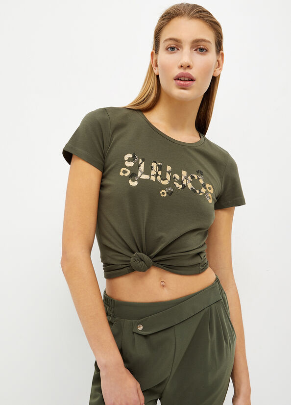 T-shirt con logo e strass