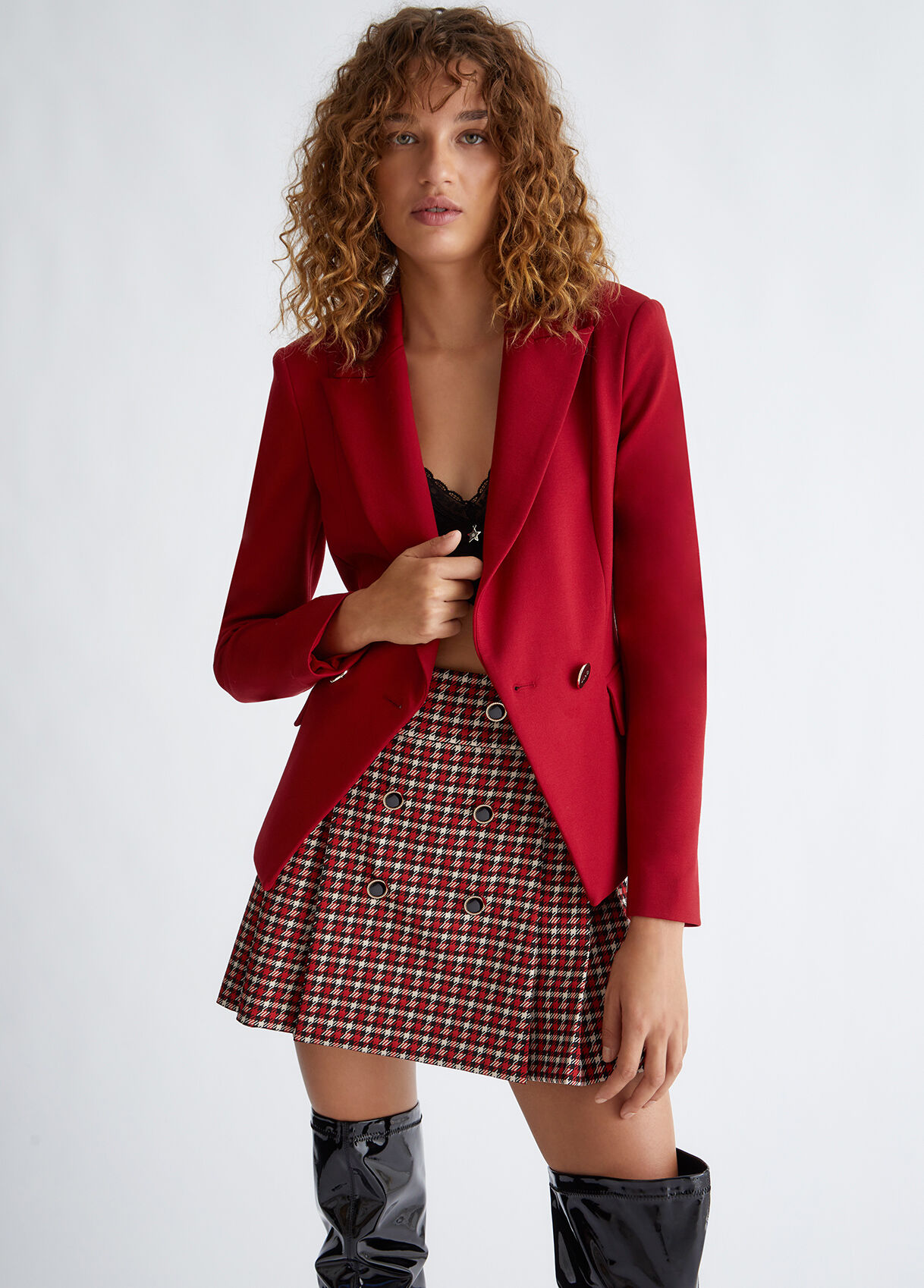 Double-breasted red blazer