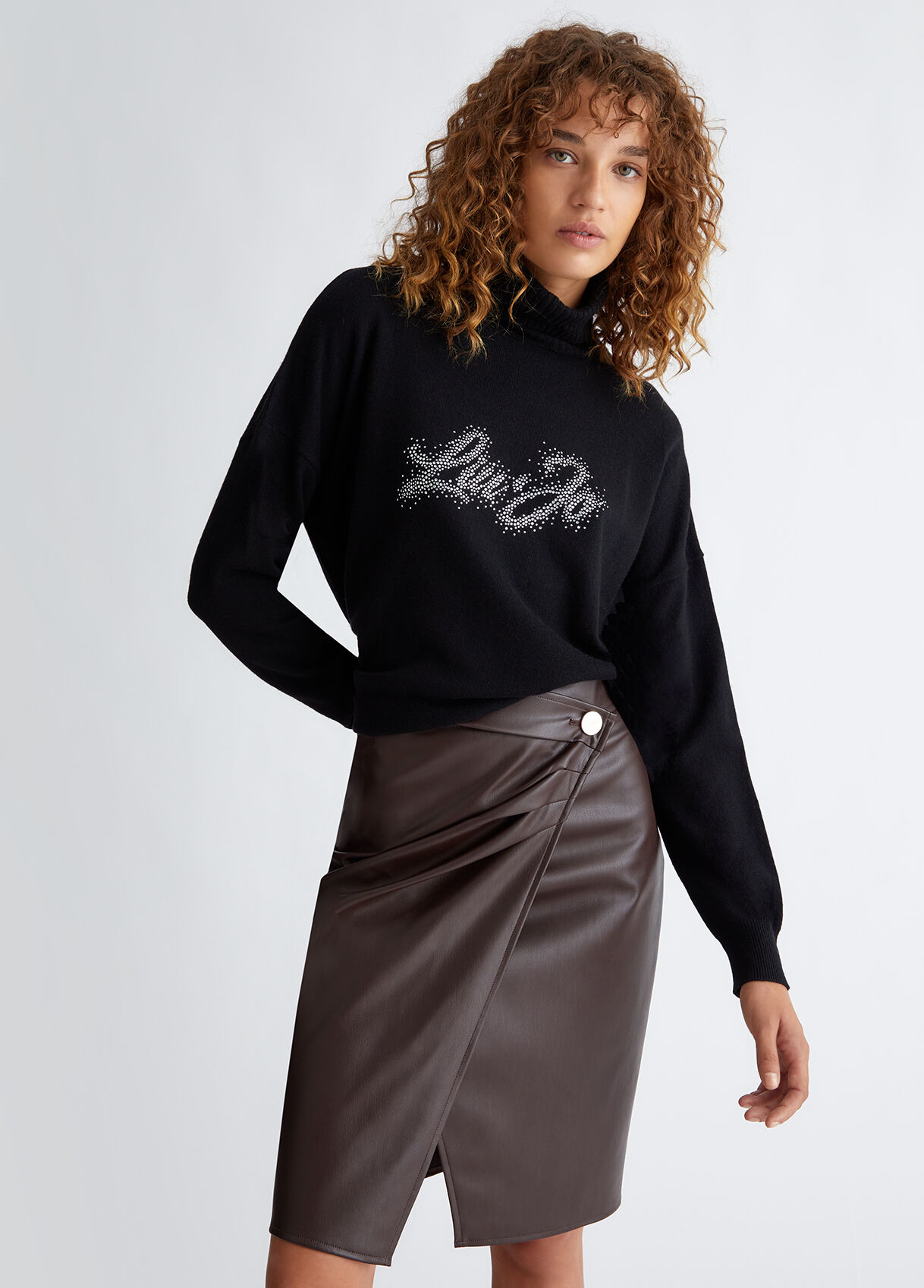 Turtleneck with logo and rhinestones