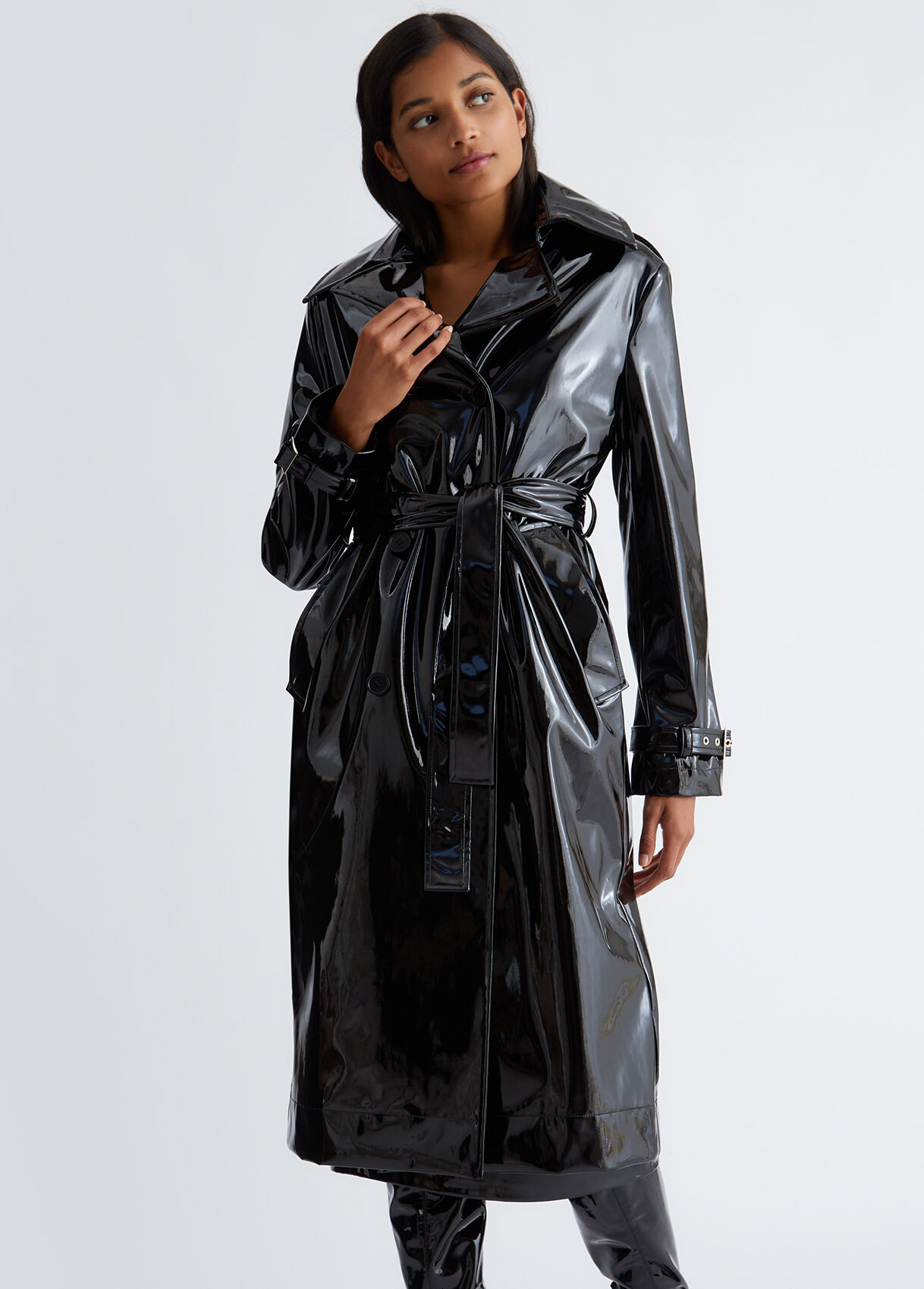 Black patent leather trench coat