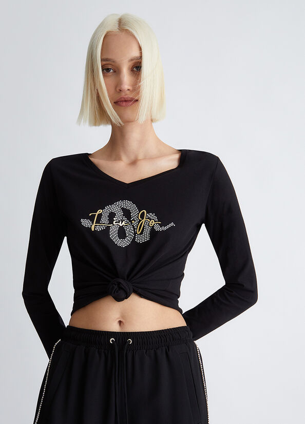 T-shirt con logo e strass
