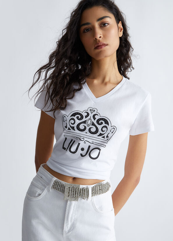 T-shirt con stampa e strass