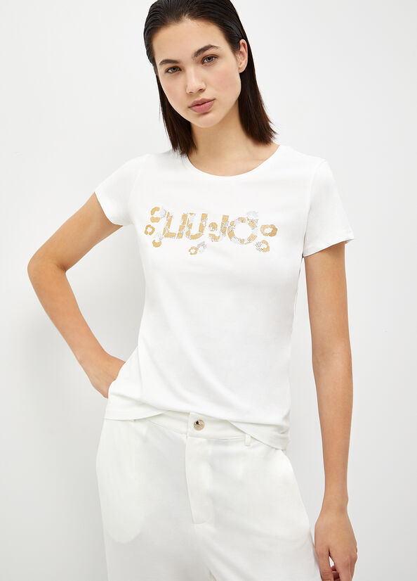 T-shirt con logo e strass