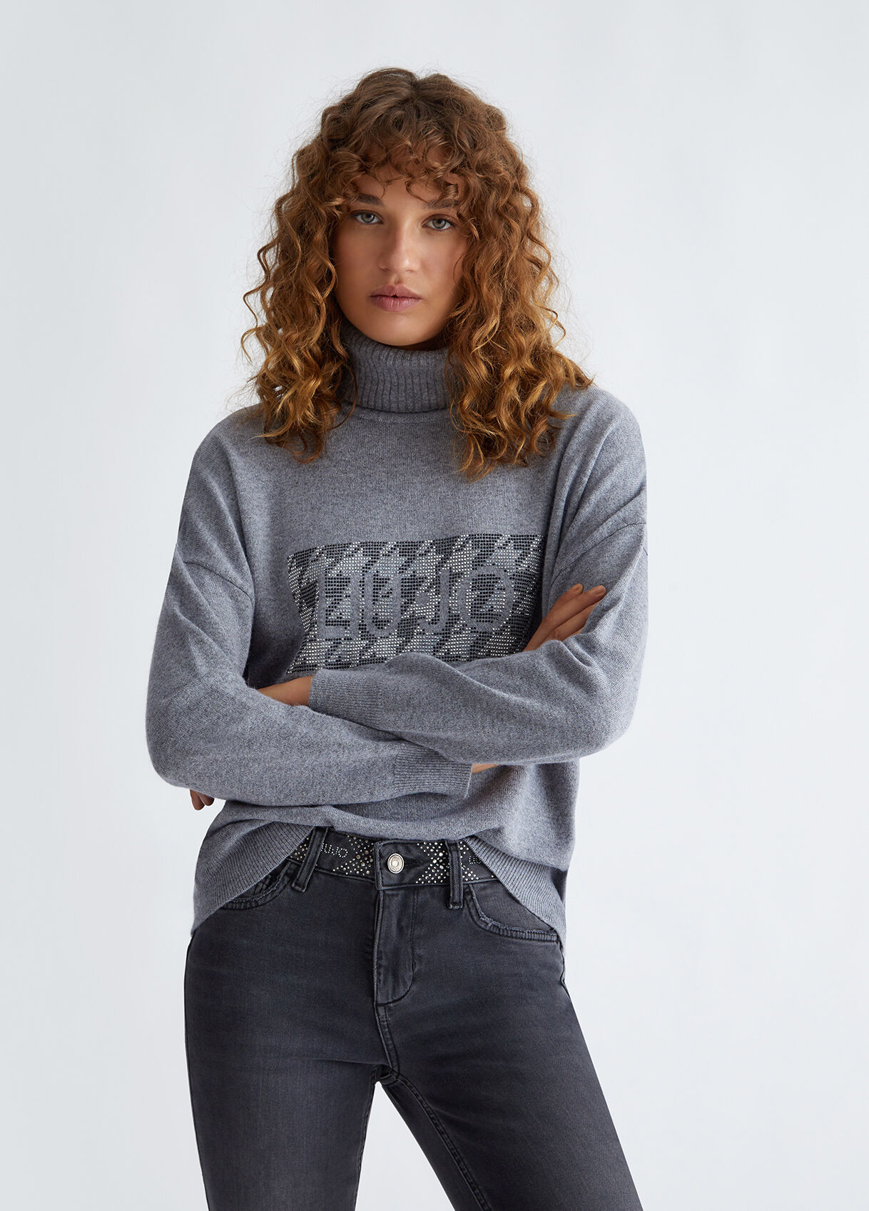 Turtleneck with logo and rhinestones