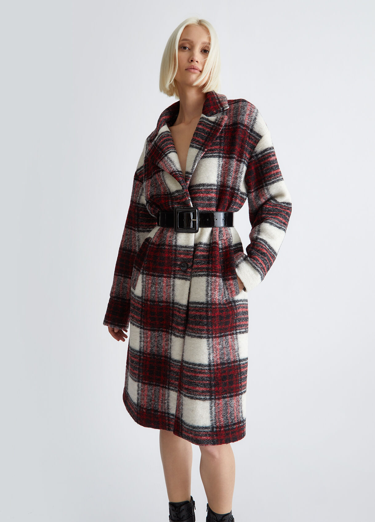 Checked coat with belt