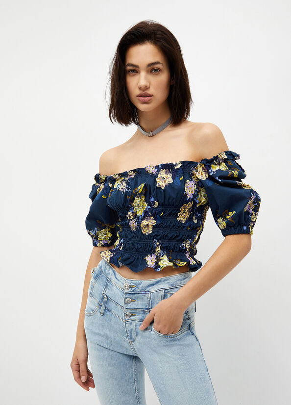 Top floreale in denim