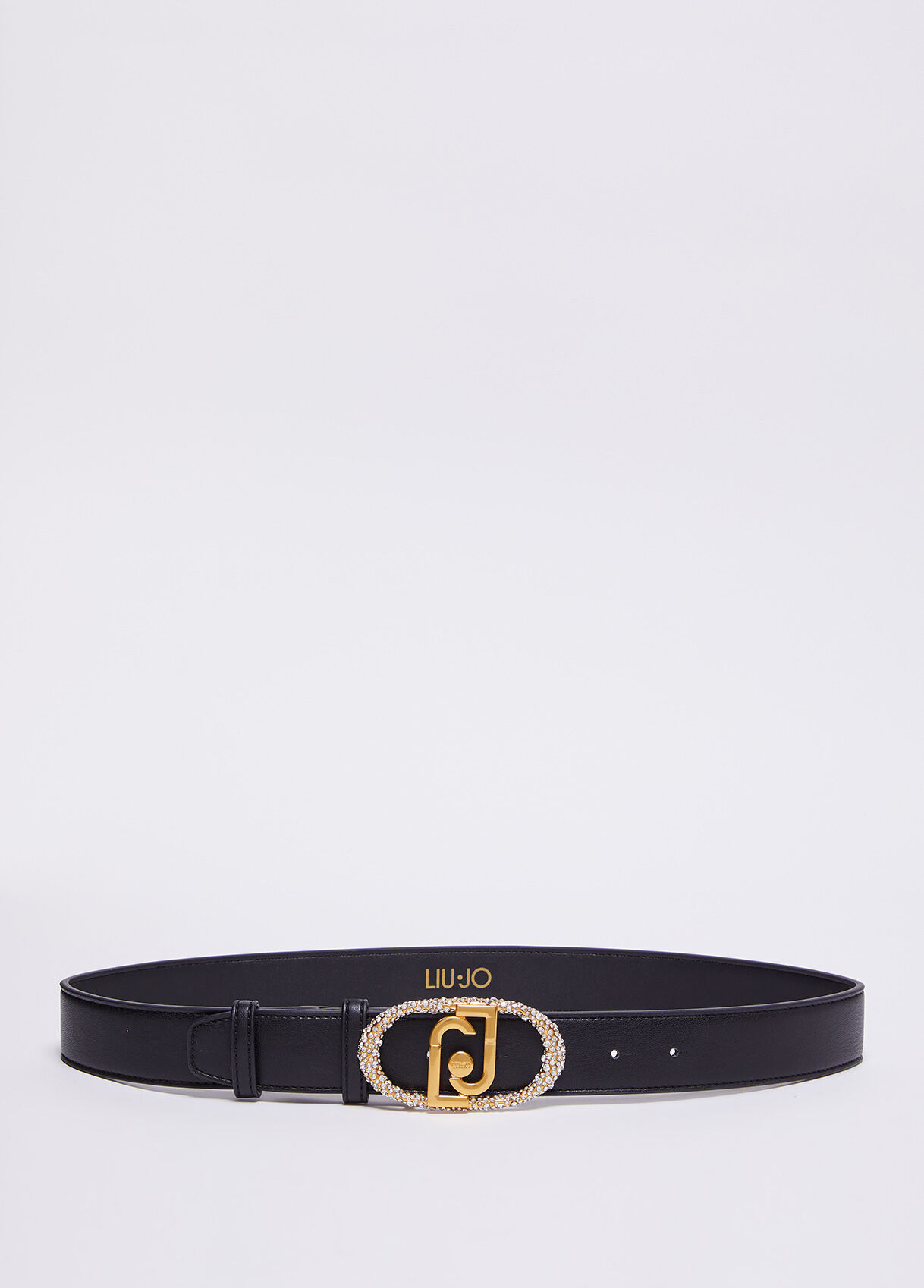 Belt with logo buckle and gemstones