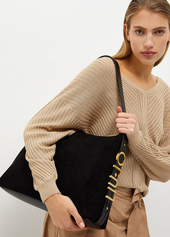 Borsa shopping in suede con logo