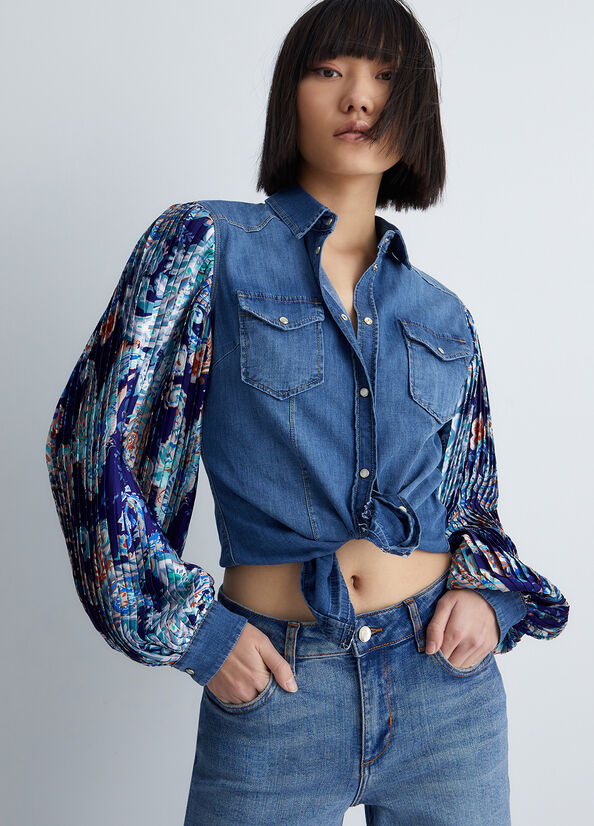 Camicia in denim con motivo plissé