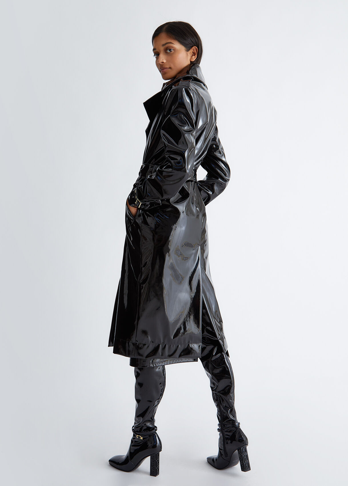 Black patent leather trench coat