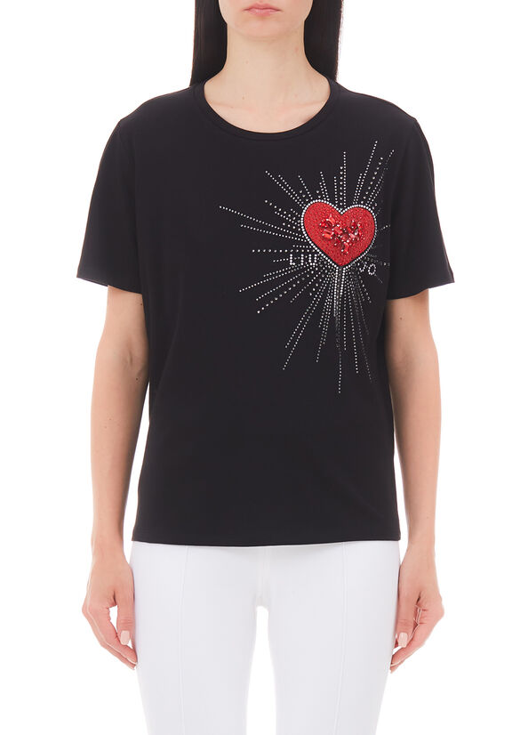 T-shirt con stampa e applicazioni
