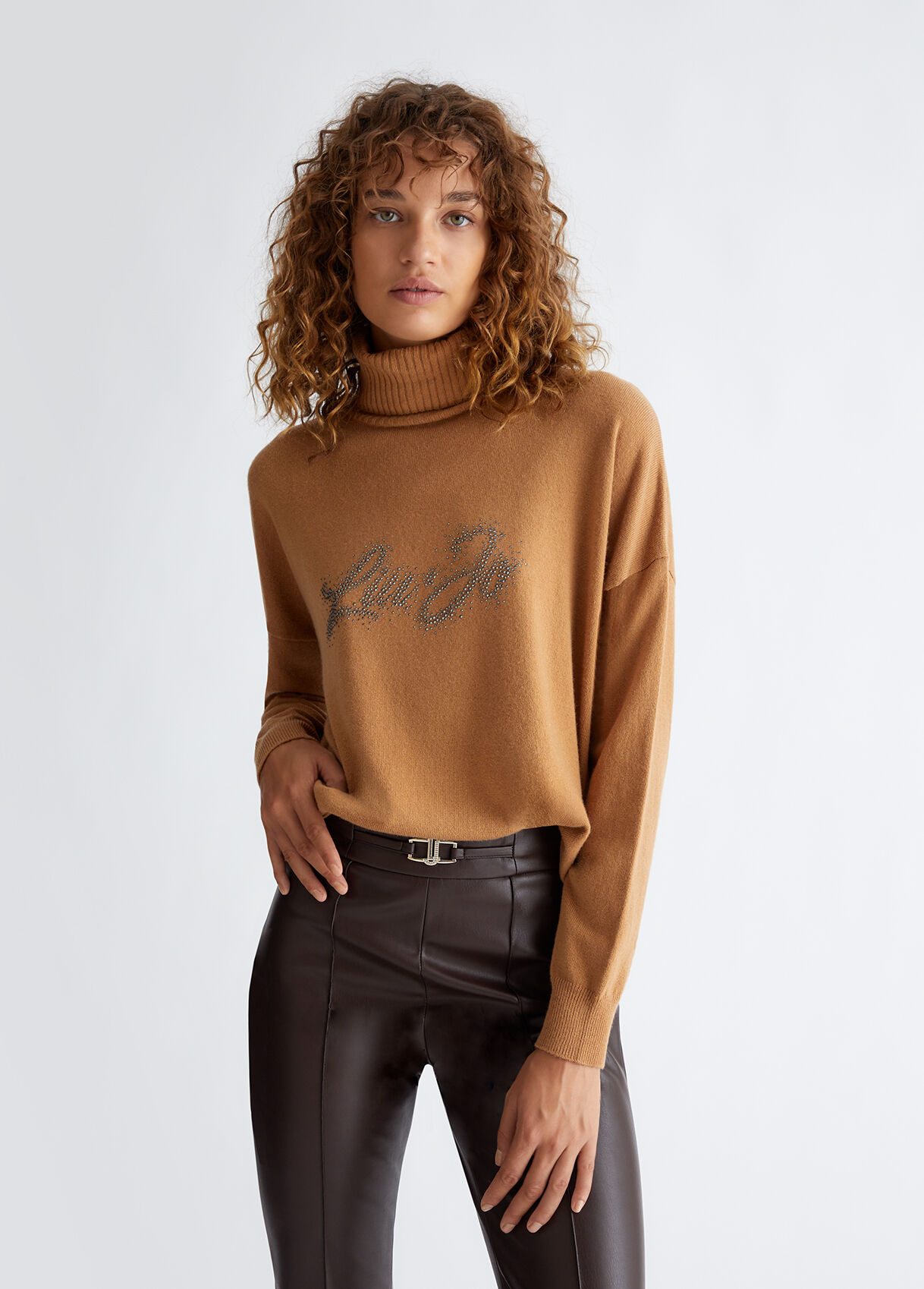 Turtleneck with logo and rhinestones