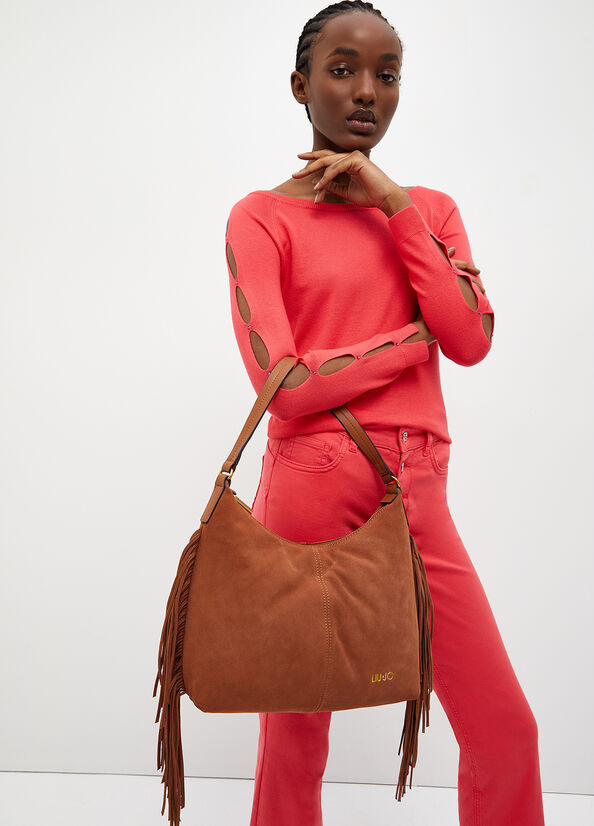 Borsa a spalla in suede con frange