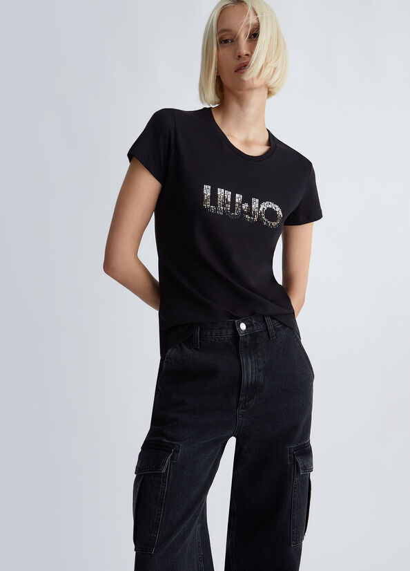 T-shirt con logo e strass