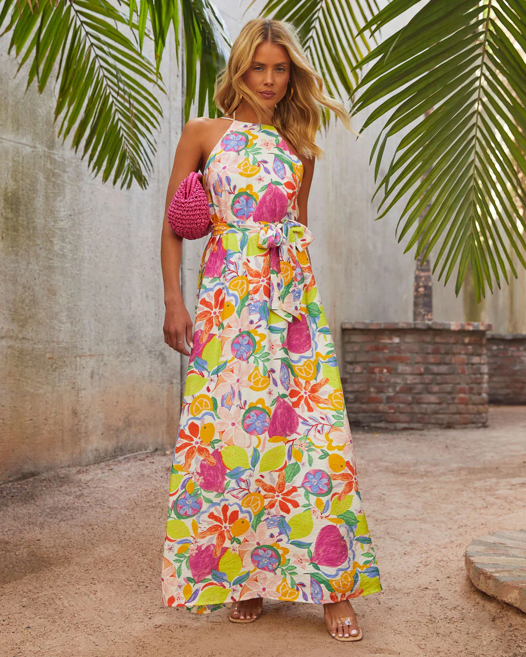 WFMD Belize Printed Satin Low Back Tie Waist Maxi Dress