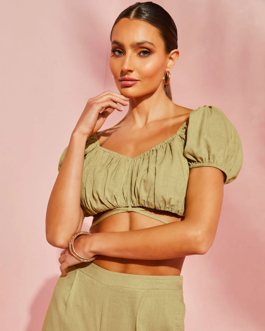 WFMD Corsicana Linen Waist Tie Crop Top