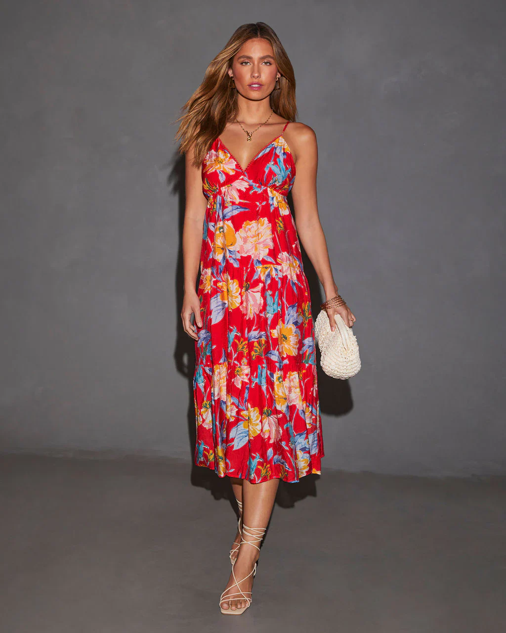 WFMD Cynthia Floral V-Neck Tiered Midi Dress