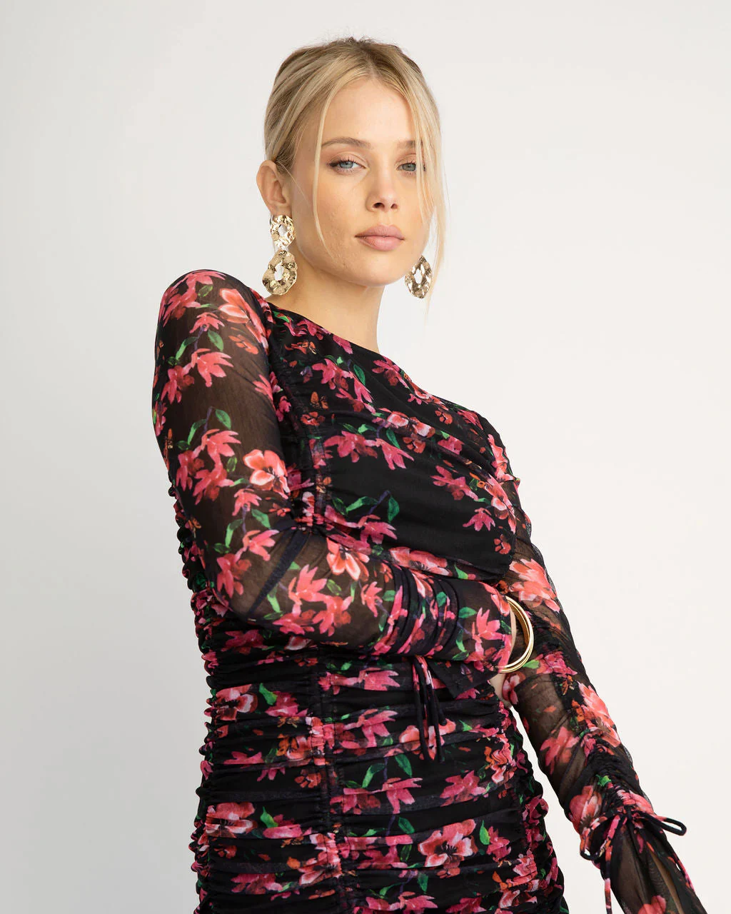 WFMD Soul Sister Ruched Floral Mesh Midi Dress