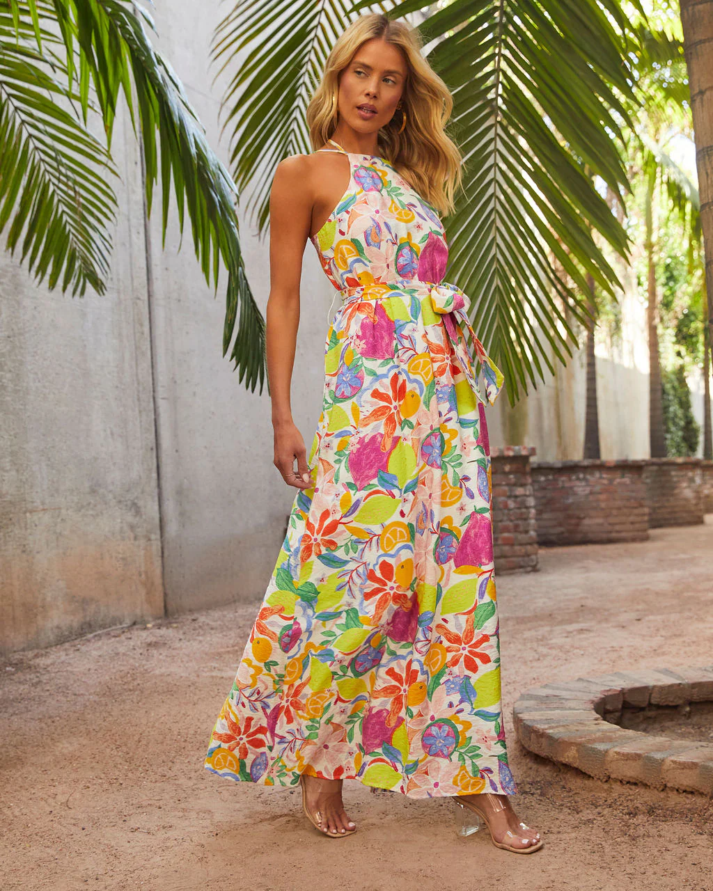 WFMD Belize Printed Satin Low Back Tie Waist Maxi Dress