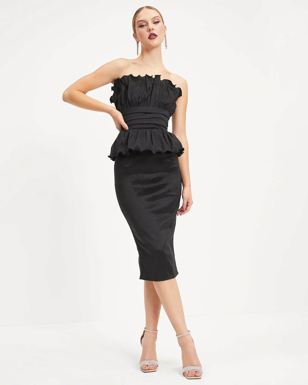 WFMD Raven Strapless Peplum Midi Dress