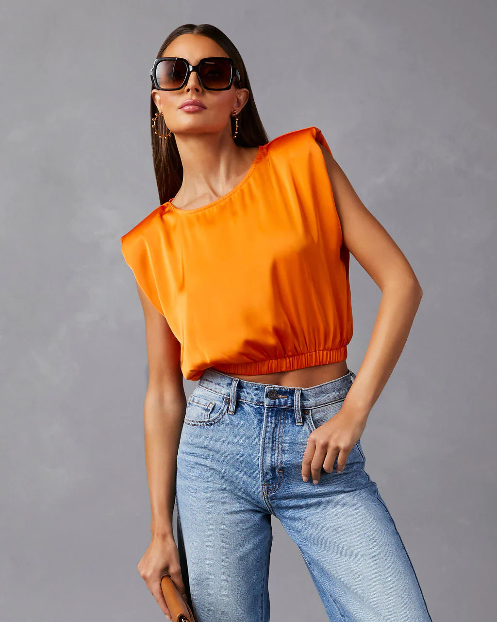 WFMD Nasima Satin Padded Shoulder Crop Top
