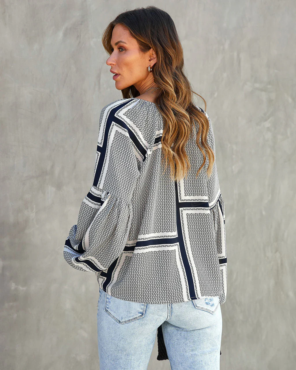 WFMD Time Will Tell Printed Tassel Tie Blouse