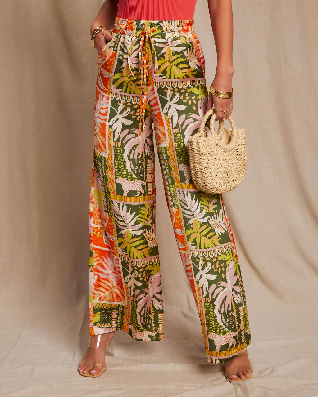 WFMD Ibiza Pocketed Satin Tropical Wide Leg Pant