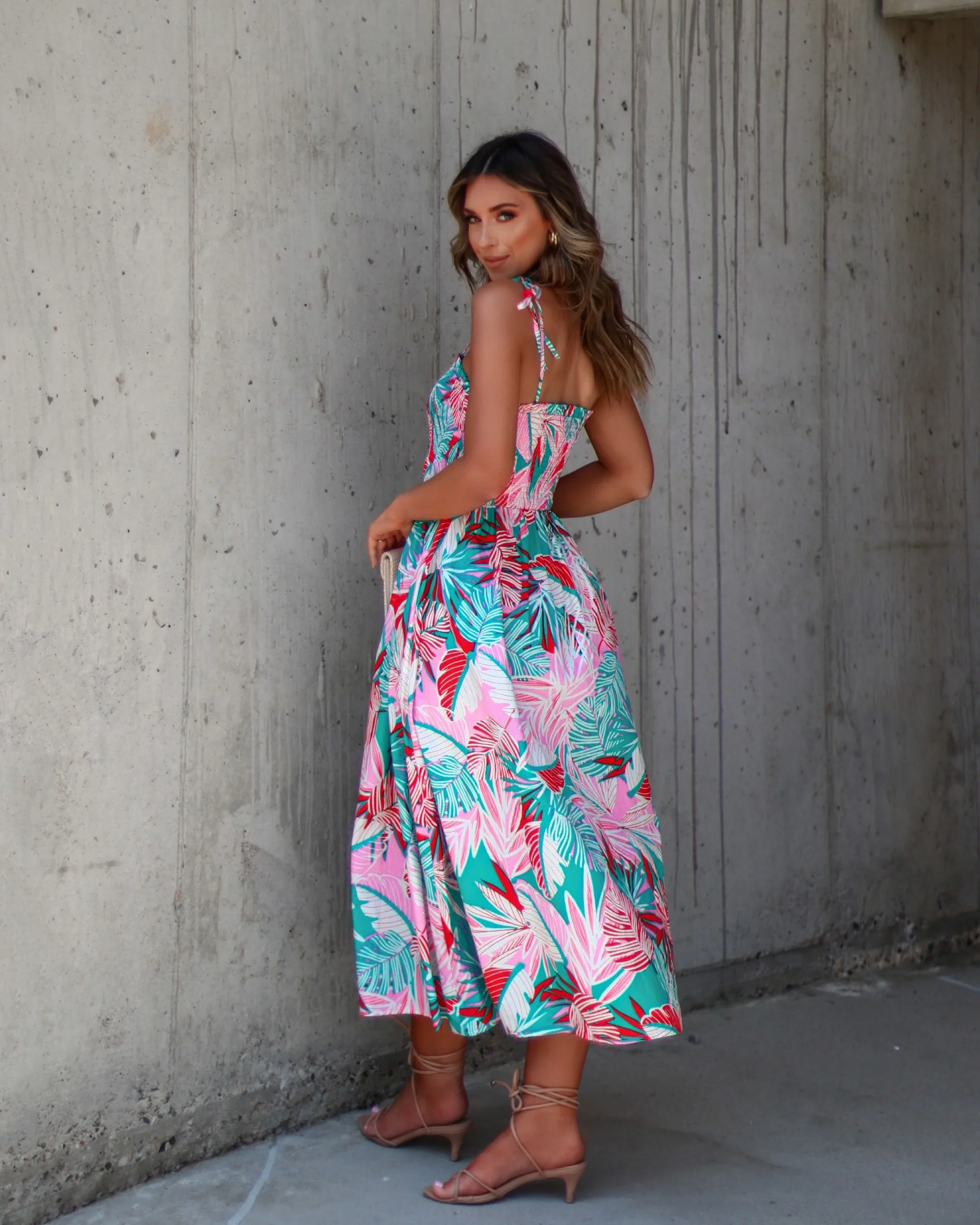 WFMD Mallorie Shoulder Tie Tropical Print Maxi Dress