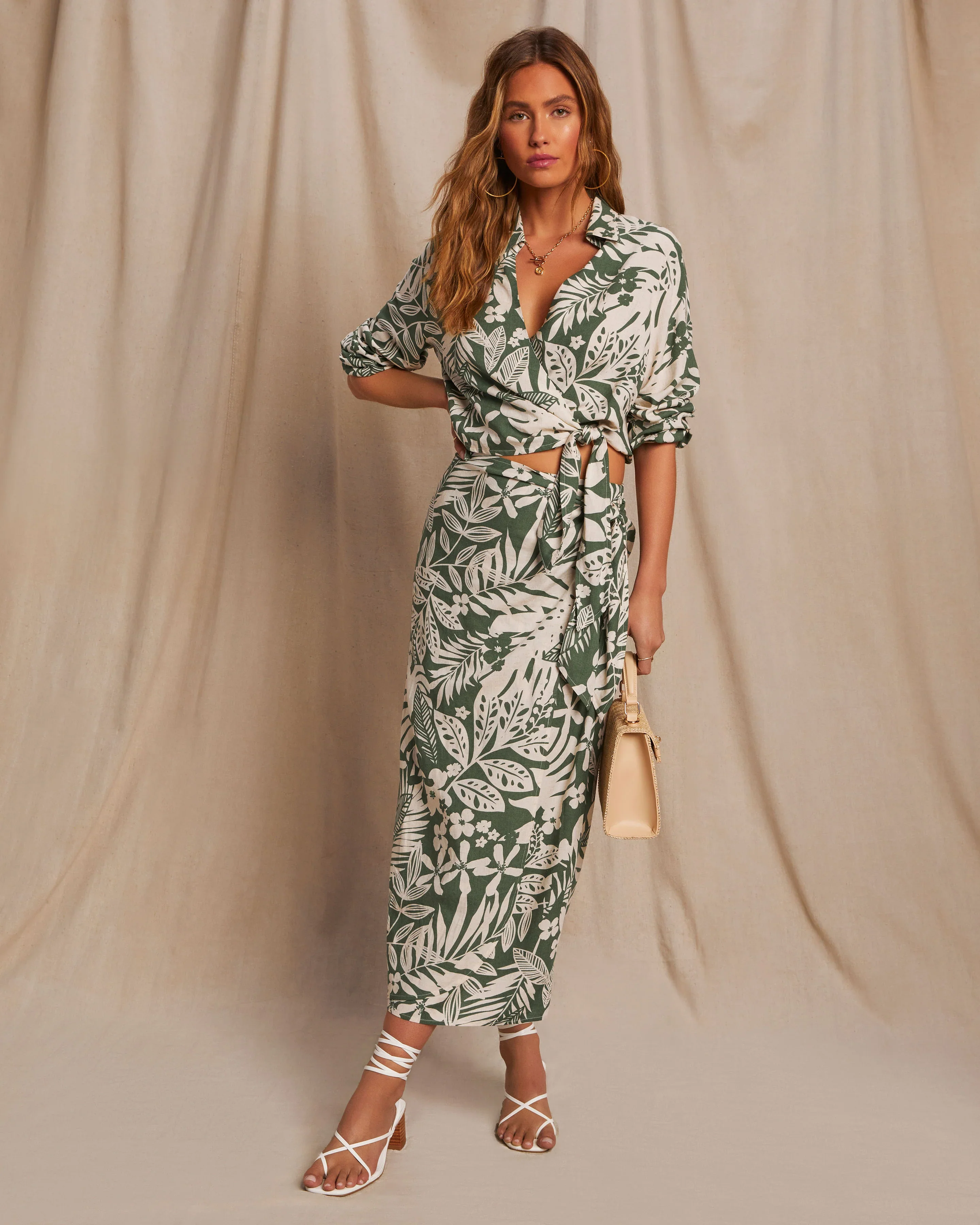 WFMD Kaanapali Linen Blend Palm Printed Wrap Midi Skirt