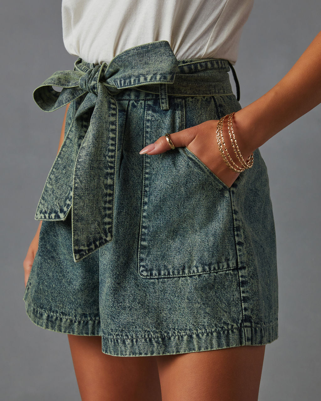 WFMD Milena Tie Waist Pocketed Acid Wash Shorts