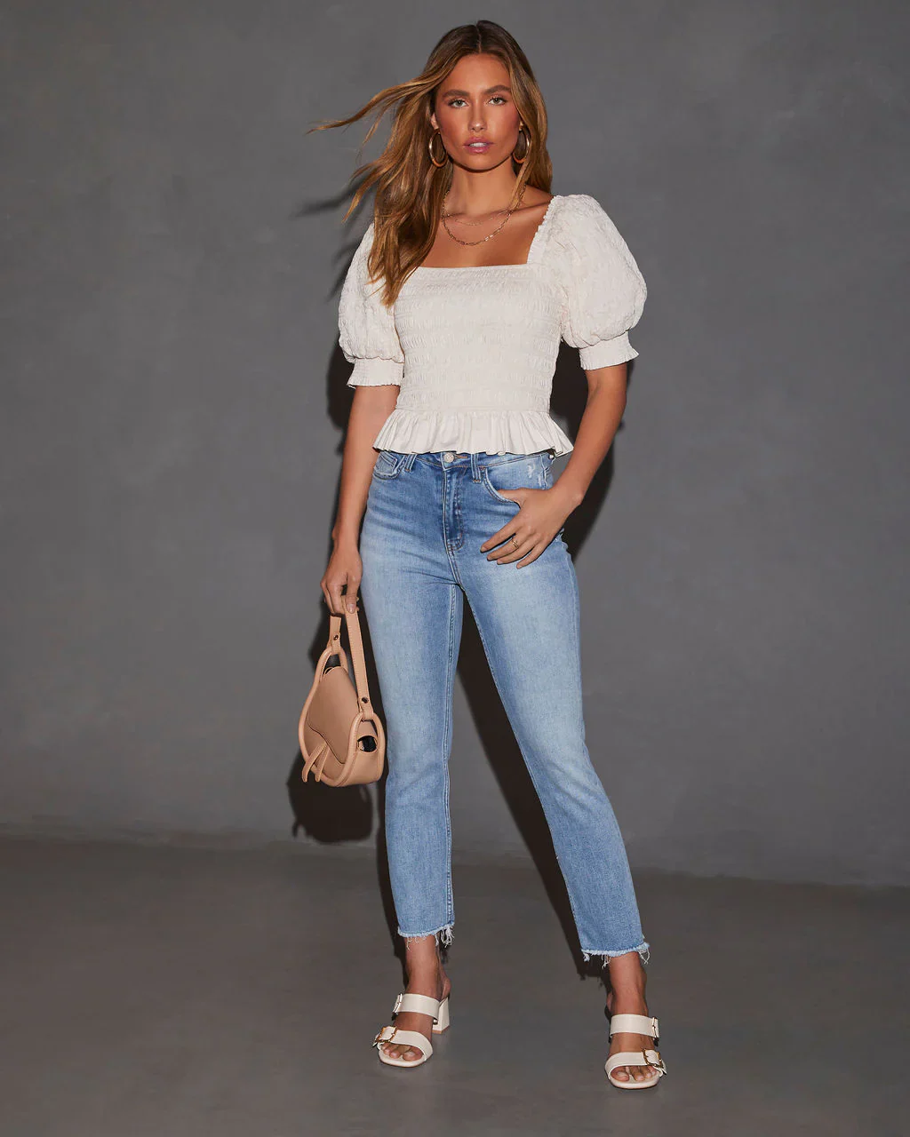 WFMD Carmen Puff Sleeve Smocked Top