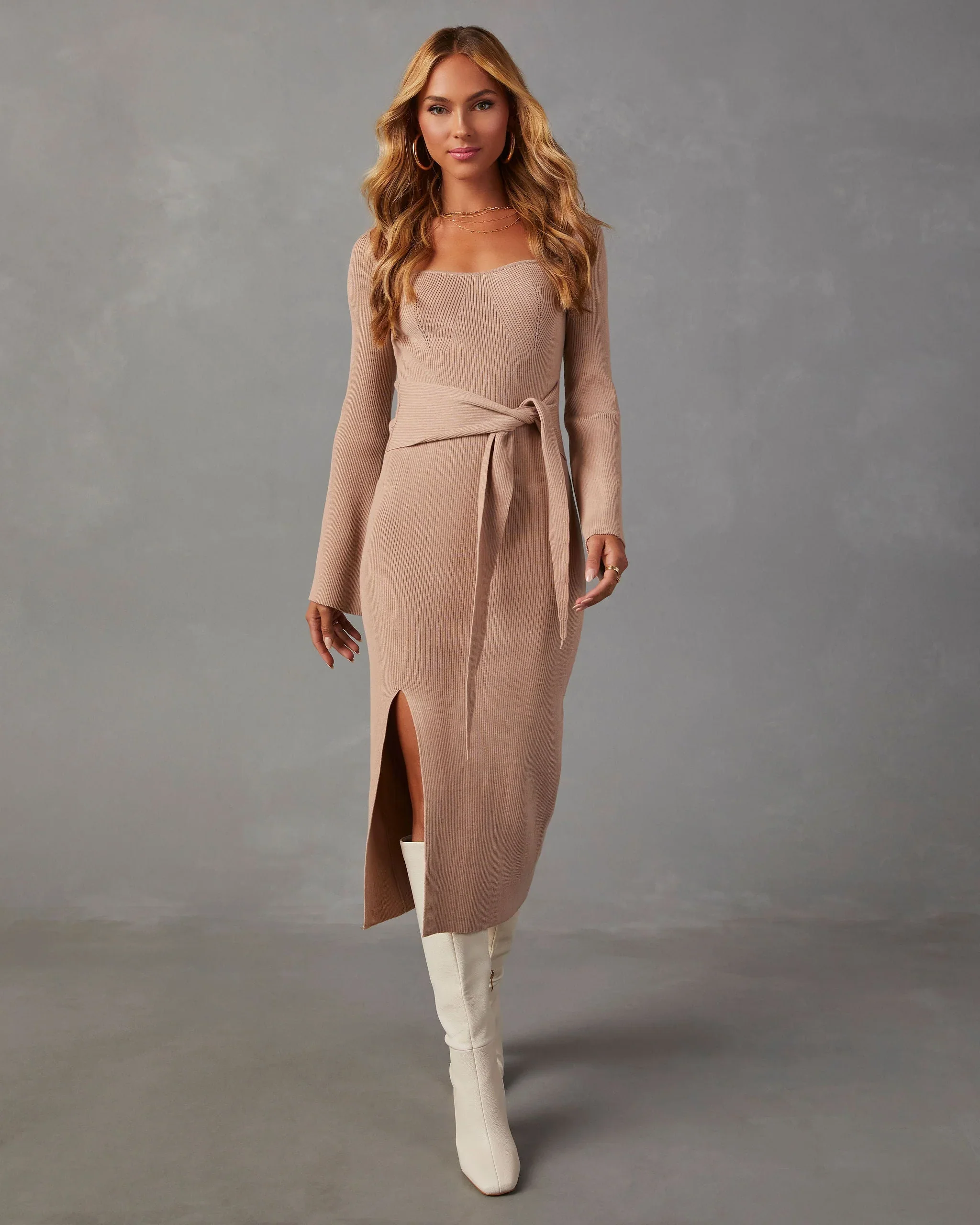WFMD Ritchie Tie Waist Midi Sweater Dress