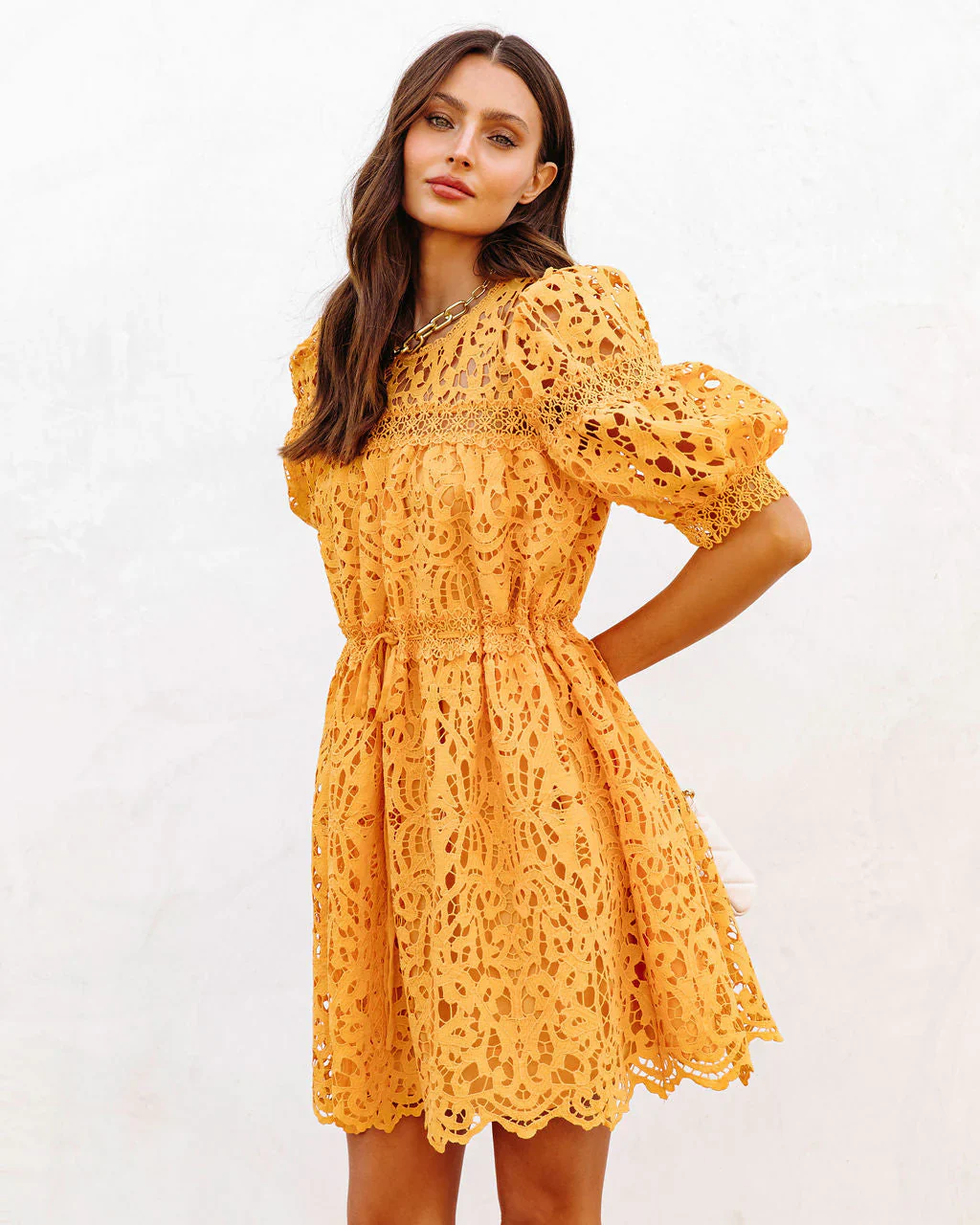 WFMD Sunflower Fields Crochet Lace Mini Dress