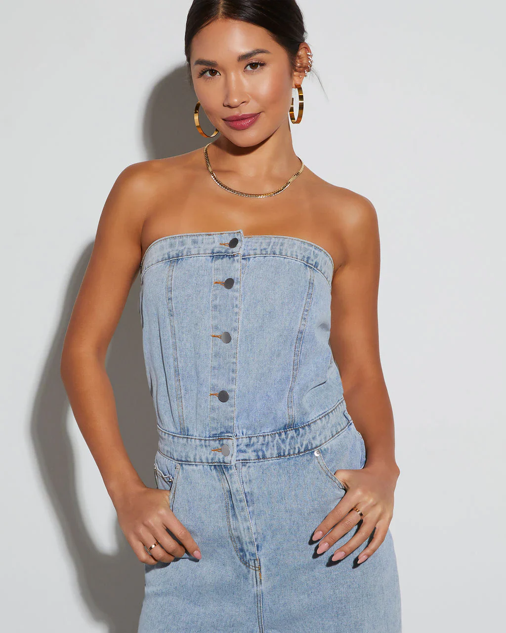 WFMD Beverly Strapless Denim Jumpsuit