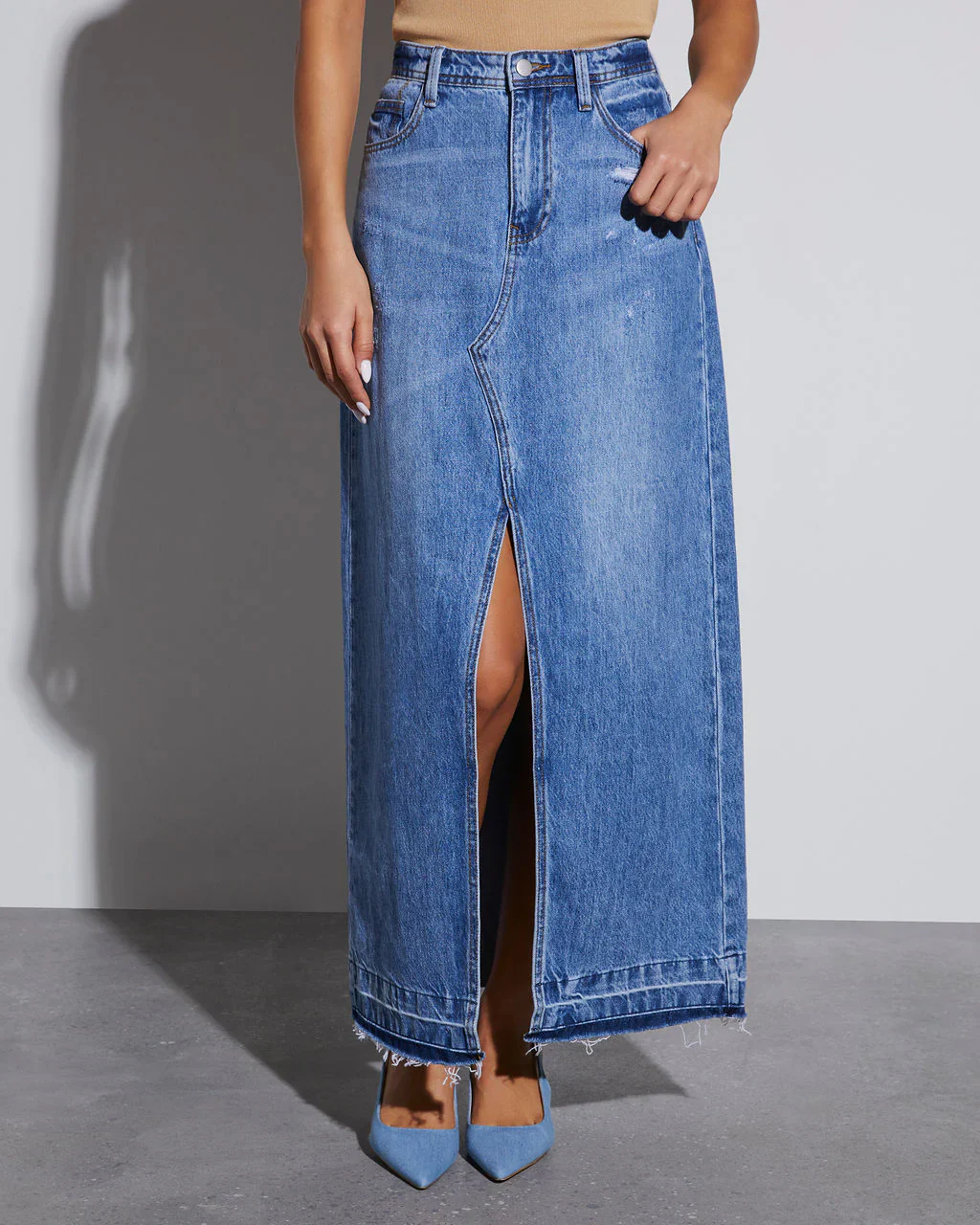 WFMD Jenna Distressed Denim Maxi Skirt