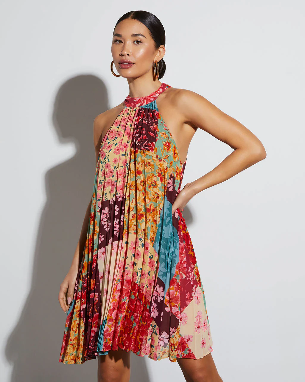 WFMD Spring Awakening Mock Neck Pleated Mini Dress