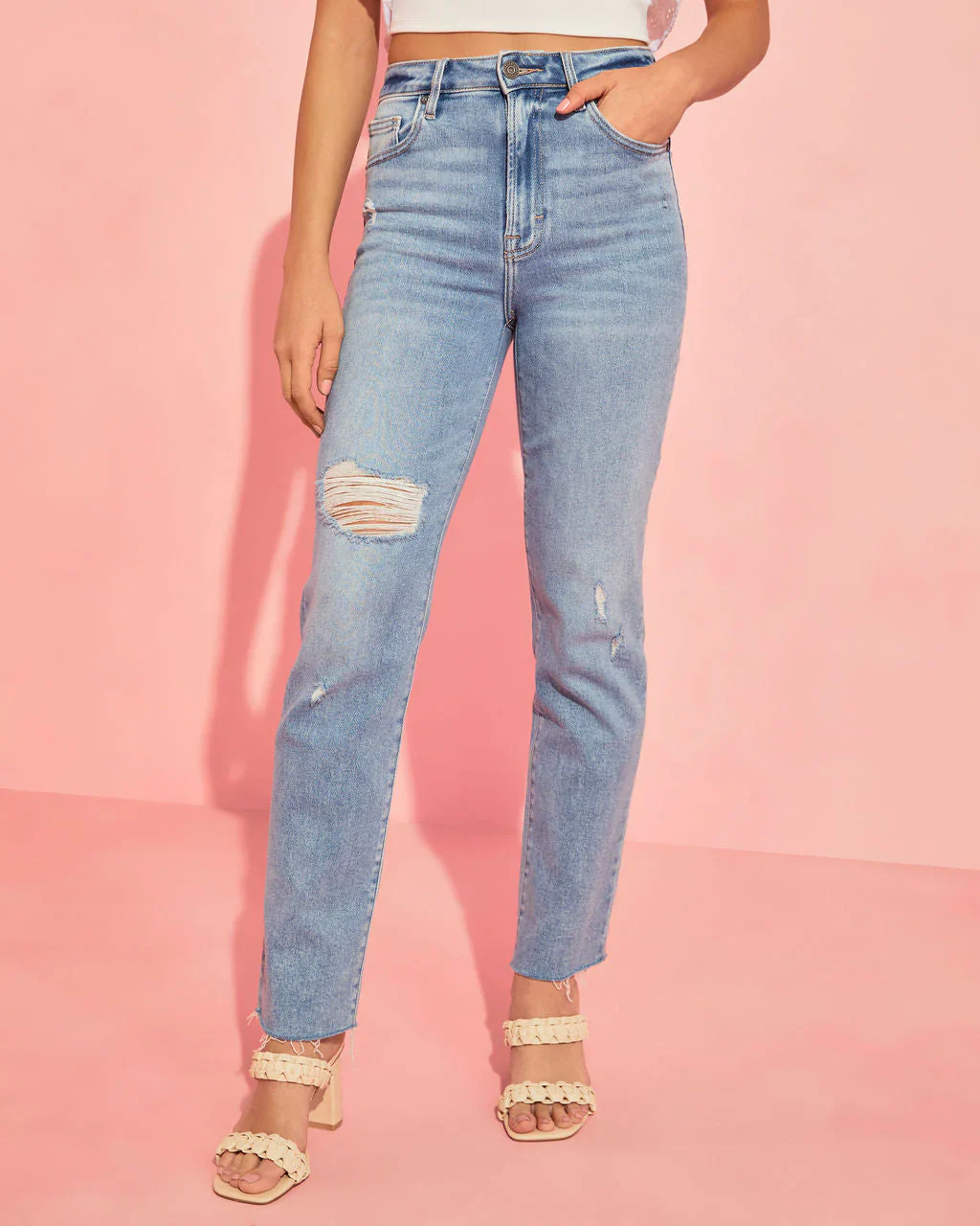 WFMD Closet Classic Distressed Stretch Straight Leg Jeans